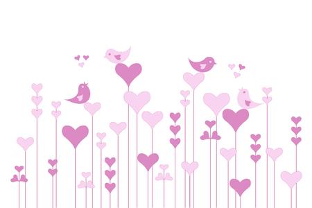 Abstract pink heart garden with lovebirds on white, vector illustrationのイラスト素材