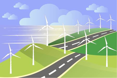 White windmills on green fields, sea coast, blue sky, grey road, vectorのイラスト素材