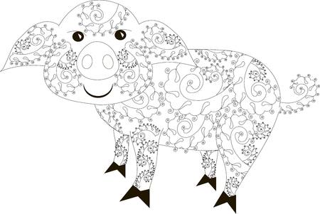 stylized pig black and white hand drawn vector illustrationのイラスト素材