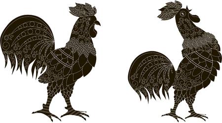 Black silhouettes with white ornaments of a rooster stands and the rooster crows, vector illustrationのイラスト素材