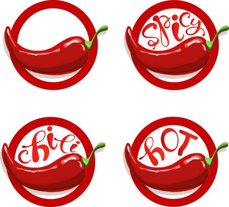 Round leibas with hand drawn red hot paper, lettering Spicy, Hot, Chili, vector illustrationのイラスト素材
