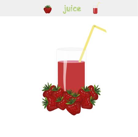 Banner Strawberry juice. A glass of juice, yellow straw, strawberry white background, vector illustrationのイラスト素材