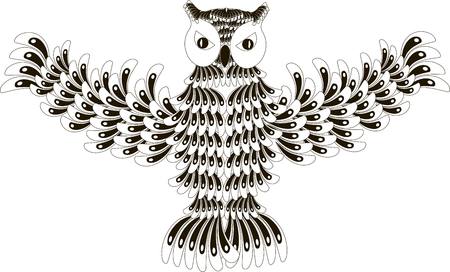 Stylized black and white flying owl, hand drawn, vector illustrationのイラスト素材