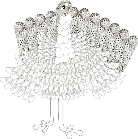Black and white sketch of a ornamental turkey, hand drawn vector illustrationのイラスト素材