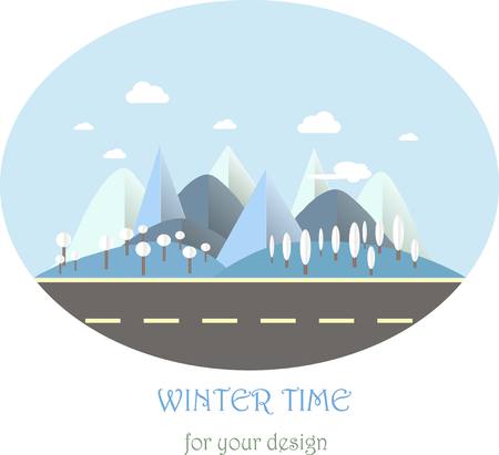 Winter landscape, blue mountain with white top, valleys, grey road, flat design stock vector illustrationのイラスト素材