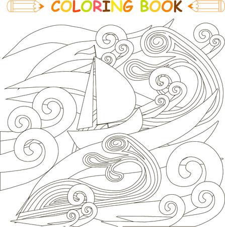 Ship in storm in the ocean, coloring page vector illustrationのイラスト素材
