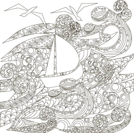 Hand drawn zentangle ship on waves, vector illustrationのイラスト素材