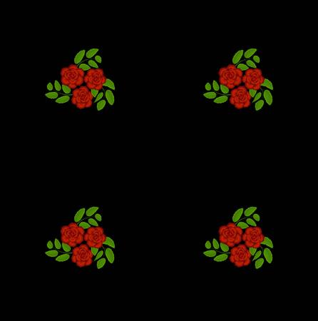 Seamless red roses and green leafs pattern on black background, vector illustrationのイラスト素材