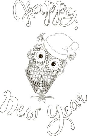Lettering Happy New Year, zentangle cute owl, coloring page vector illustrationのイラスト素材