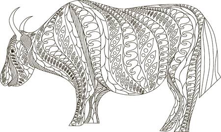 Hand drawn zentangle yak, black and white anti stress vector illustrationのイラスト素材