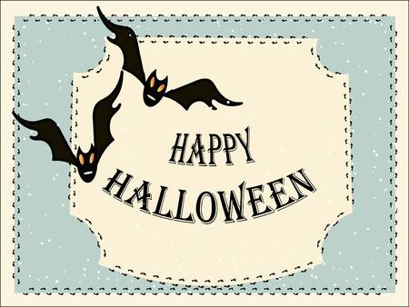 Vintage congratulations card Happy halloween, black bats and bare feet on beige and blue background, vector illustrationのイラスト素材