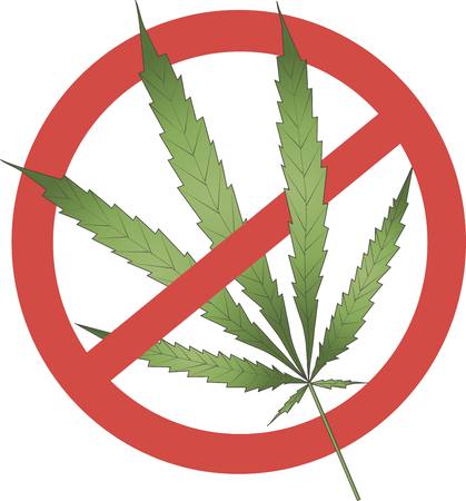Sticker of prohibition of cannabis, green hand drawn cannabis leaf with a red diagonal line, vector illustrationのイラスト素材