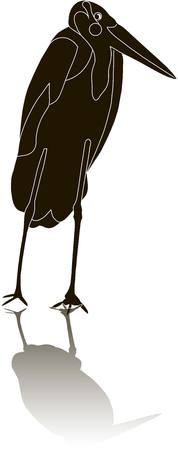 Black silhouette of a Marabou stork with shadow on white, vector illustrationのイラスト素材