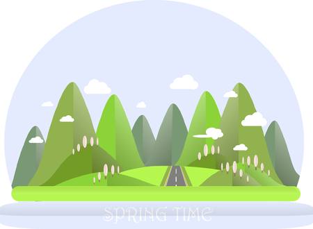 Spring mountain landscape. Green hills, blue sky, white clouds, pink trees, grey highway. Flat design, stock vector illustrationのイラスト素材