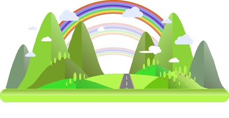 Mountain landscape with green hills, trees, grey road, rainbow, blue and white clouds, flat design vector illustrationのイラスト素材