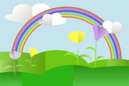 Green hills landscape, violet and yellow flowers, rainbow, blue sky, white clouds, flat design stock vector illustratioのイラスト素材