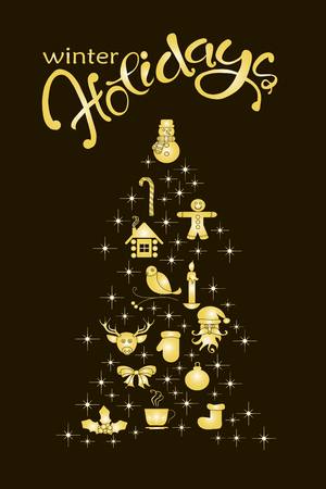 Typography banner with stylized gold Christmas tree and hand drawing lettering Happy Holidays on black stock vector illustrationのイラスト素材