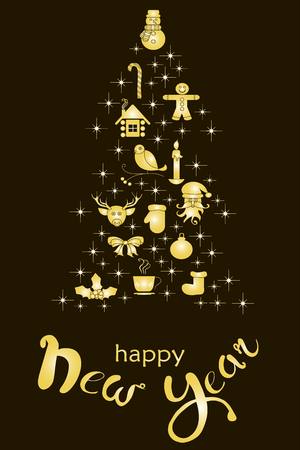 Typography banner with stylized gold Christmas tree and hand drawing lettering Happy New Year on black stock vector illustrationのイラスト素材