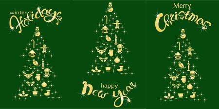 Set of postcard Happy Holidays, Happy New Year, Christmas holiday. Gold lettering and stylized Christmas tree on green, stock vector illustrationのイラスト素材