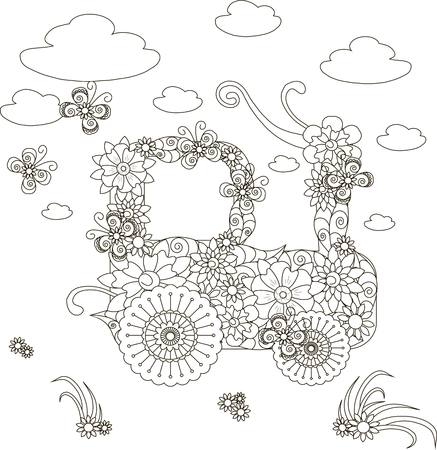 Flowers tractor, adult coloring page anti-stress stock vector illustrationのイラスト素材