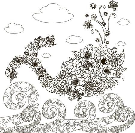 Flowers whale fish, ornament waves for coloring page, anti-stress vector illustrationのイラスト素材