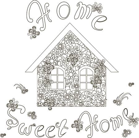 Flowers house with lettering Home sweet home for coloring page, anti stress stock vector illustrationのイラスト素材