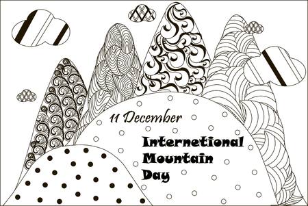Black and white banner 11 December International Mountain day, hand drawn stock vector illustrationのイラスト素材