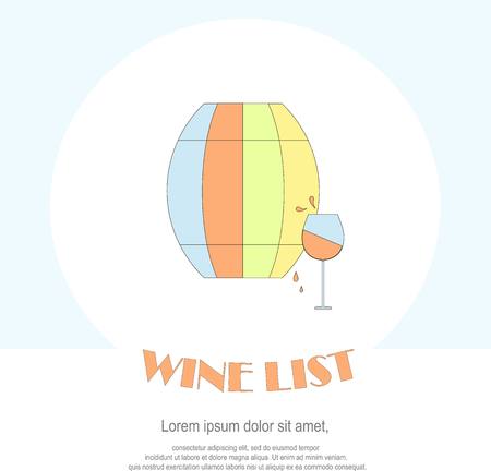 Wine list restaurant menu template. Line style green, blue, red barrel, glass with red wine, drops, Lorem ipsum on white. Perfect wine design element stock vector illustrationのイラスト素材