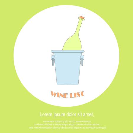 Wine list restaurant menu template. Line style green bottle in blue bucket, Perfect wine design element stock vector illustrationのイラスト素材