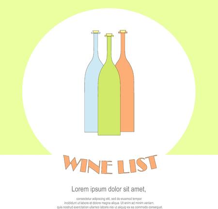 Wine restaurant menu templates. Line style green, blue, red, bottles, Lorem ipsum on white. Perfect wine design element stock vector illustrationのイラスト素材