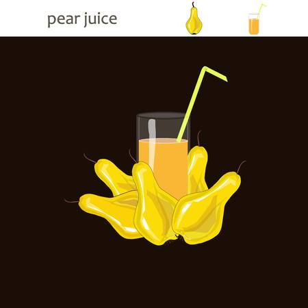 Glass of juice with green straw and yellow painting hand drawn pears on black, stock vector illustrationのイラスト素材