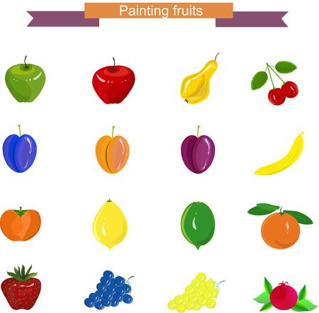 Hand drawn painting fruits: apples, pear, grapes, cherry, banana, pomegranate, strawberry, persimmon, lime, lemon, apricot, orange on white, stock vector illustrationのイラスト素材