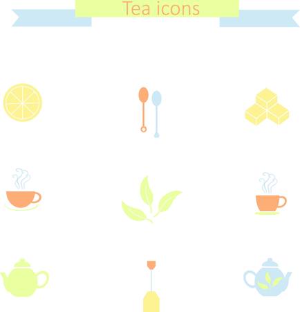 Set of flat colorful tea icons on white: tea spoons, lemon slice, sugar cubes, steam cups, teapots, tea bag, tea leafs, stock vector illustrationのイラスト素材