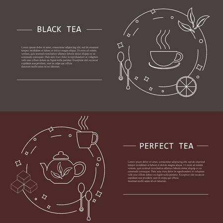 Design elements of tea concept, stock vector illustration. Vector flayers and banners in modern line style, object isolated, white tine line and lorem ipsum on grey and dark red backgroundのイラスト素材