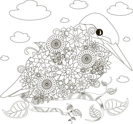 Flowers kingfisher, coloring page anti-stress vector illustrationのイラスト素材