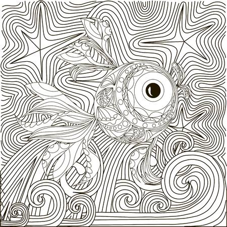 Zentangle hand drawn black and white abstract starry night, fish on waves, anti stress vector illustrationのイラスト素材