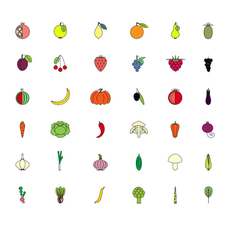 Colorful set fruits and vegatables icons on white, stock vector illustrationのイラスト素材