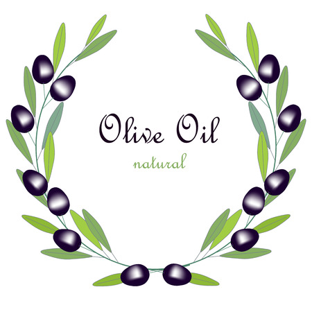 Olive Oil label, olive branch wreath with green leafs and black fruits on white, stock vector illustrationのイラスト素材