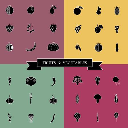 Black and white set fruits and vegetables icons on green, purple and yellow, stock vector illustrationのイラスト素材