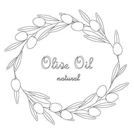 Sketch Olive Oil label, olive branch wreath with leafs and fruits on white, stock vector illustrationのイラスト素材