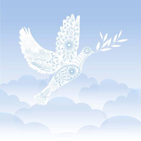 Stylized ornamental white pigeon with olive branch on blue sky background, stock vector illustrationのイラスト素材