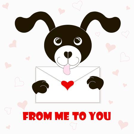 Typography banner From me to you, black and white cartoons dog with envelope, red hearts, stock vector illustrationのイラスト素材