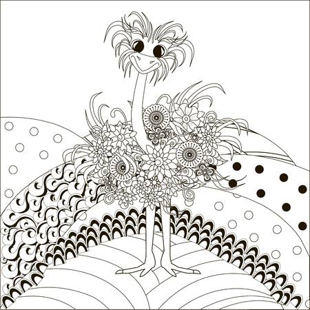 Zentangle hand drawn black and white ostrich on hills, anti stress vector illustrationのイラスト素材