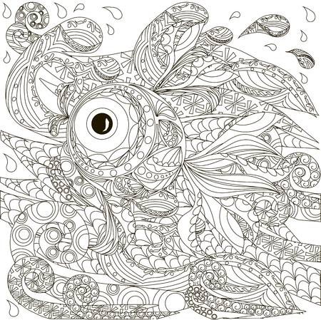 Hand drawn doodle fish on waves, anti stress coloring page stock vector illustratioのイラスト素材