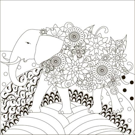 hand drawn black and white elephant on hills, anti stress vector illustrationのイラスト素材