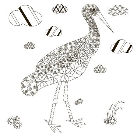Hand drawn stork, black and white anti stress vector illustrationのイラスト素材