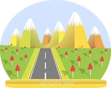 Autumn landscape, yellow mountain with white top, green valleys, red mushrooms grey road, flat design stock vector illustrationのイラスト素材