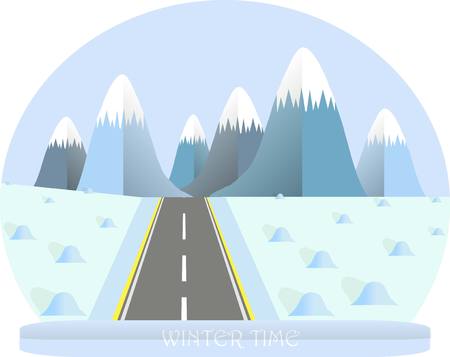 Winter landscape, blue mountain with white top, valleys, grey road, flat design stock vector illustrationのイラスト素材