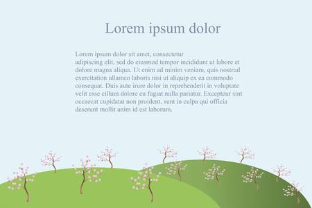 Spring background with green hills, pink blooming tree on light blue, lorem ipsum, stock vector illustrationのイラスト素材