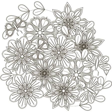 Black and white sketch of bouquet, stylized flowers and butterflies for anti stress coloring page, stock vector illustrationのイラスト素材